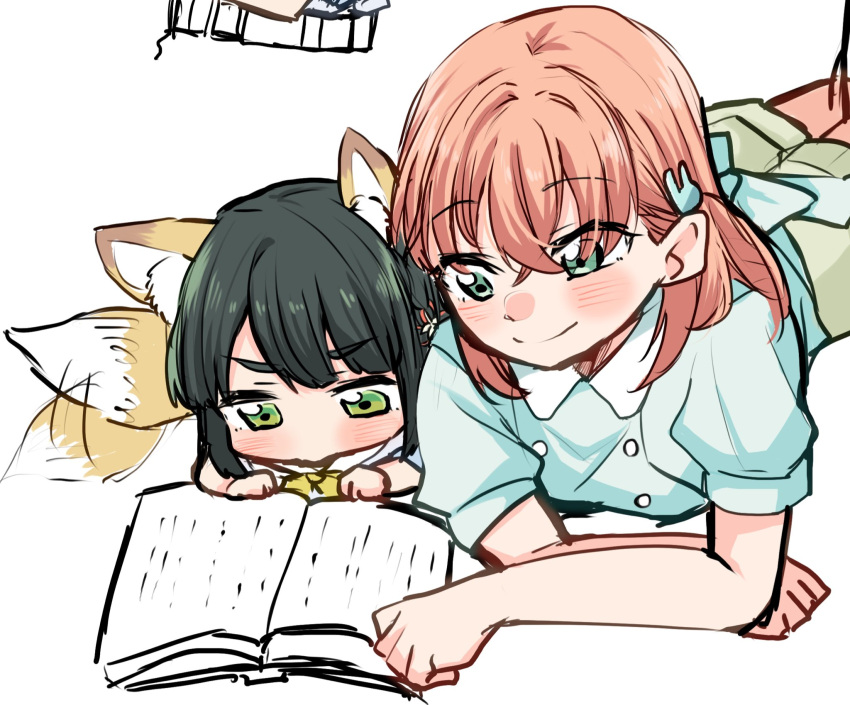 2girls, afterimage, aged_down, animal_ears, aqua_eyes, arm_support, blue_dress, blue_shirt, blunt_bangs, book, buttons, closed_mouth, collared_shirt, commentary, crossed_bangs, double-breasted, dress, flower, flower_knot, fox_ears, fox_girl, fox_tail, green_eyes, green_hair, green_shorts, hair_flower, hair_ornament, hasu_no_sora_school_uniform, highres, hinoshita_kaho, kemonomimi_mode, link!_like!_love_live!, looking_at_another, love_live!, lying, medium_hair, momose_ginko, multiple_girls, namazakana_kuenai, neckerchief, official_alternate_costume, on_stomach, open_book, orange_hair, puffy_short_sleeves, puffy_sleeves, rabbit_hair_ornament, reading, sailor_collar, sailor_dress, school_uniform, shirt, short_hair, short_sleeves, shorts, split_mouth, symbol-only_commentary, tail, tail_wagging, two_side_up, v-shaped_eyebrows, virtual_youtuber, white_sailor_collar, yellow_neckerchief, yurie_mouth