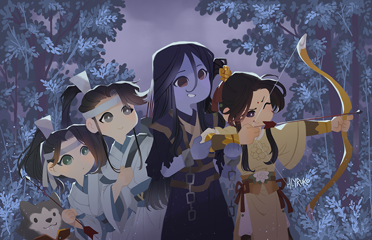 4boys, :p, aiming, alyruko, archery, artist_name, belt, black_eyes, black_hair, blue_belt, blue_hanfu, blue_skin, bow_(weapon), bracer, brown_hair, chain, chinese_clothes, colored_skin, cuffs, dog, forest, green_eyes, hair_ribbon, hanfu, headband, jin_ling, lan_jingyi, lan_sizhui, long_hair, male_focus, modao_zushi, multiple_boys, nature, night, outdoors, ponytail, ribbon, shackles, smile, standing, tongue, tongue_out, weapon, wen_ning, white_hanfu, white_headband, yellow_belt, yellow_hanfu
