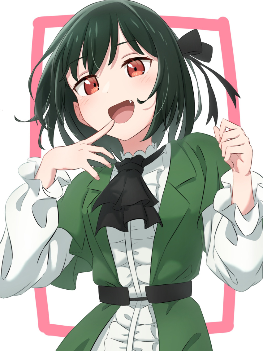 1girl, ascot, black_ascot, black_ribbon, blush, center_frills, commentary_request, fang