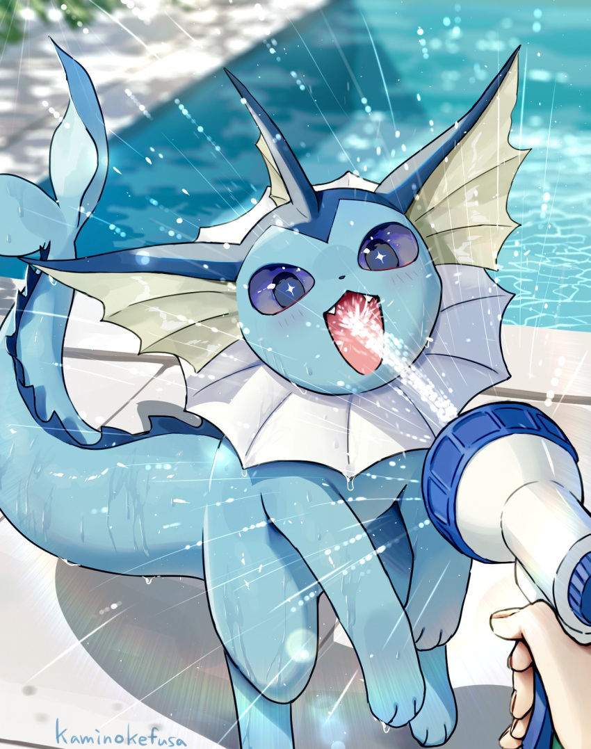 artist_name, blue_eyes, blue_sclera, blue_skin, blue_tail, blurry, blurry_background, colored_sclera, colored_skin, creature_focus, day, depth_of_field, fangs, fins, head_fins, highres, holding, holding_hose, hose, kaminokefusa, looking_at_viewer, open_mouth, outdoors, pokemon, pokemon_(creature), pokemon_focus, poolside, pov, pov_hands, solo_focus, vaporeon, water, wet