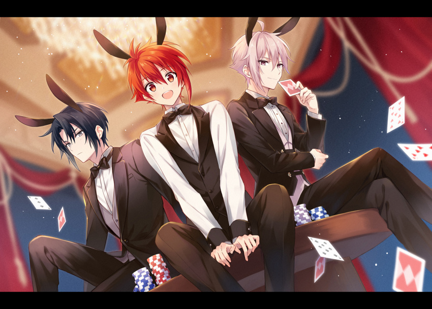 3boys, animal_ears, arm_support, black_bow, black_bowtie, black_jacket, black_pants, blue_eyes