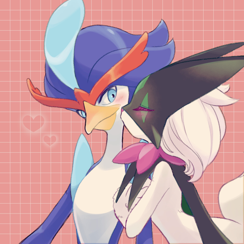beak, blue_eyes, blue_fur, blush, closed_eyes, grid_background, heart, highres