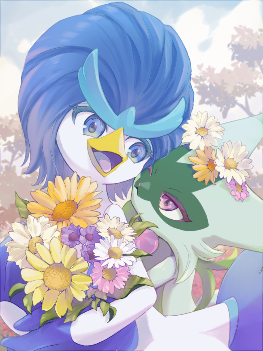 beak, blue_eyes, blue_fur, blue_hair, clouds, day, floragato, flower