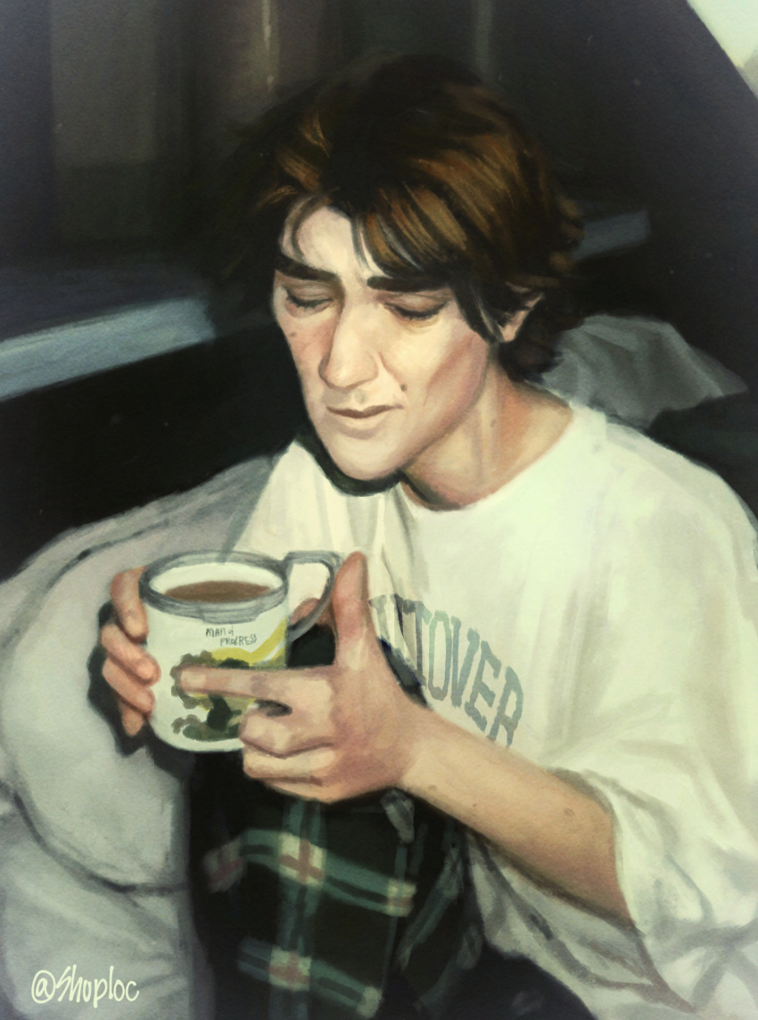 1boy, arcane:_league_of_legends, bed, closed_eyes, closed_mouth, clothes_writing, contemporary, cup, highres, holding, holding_cup, knee_up, league_of_legends, male_focus, mole, on_bed, pants, pillow, plaid_clothes, shirt, shuploc, sitting, solo, tea, thick_eyebrows, viktor_(league_of_legends), white_shirt