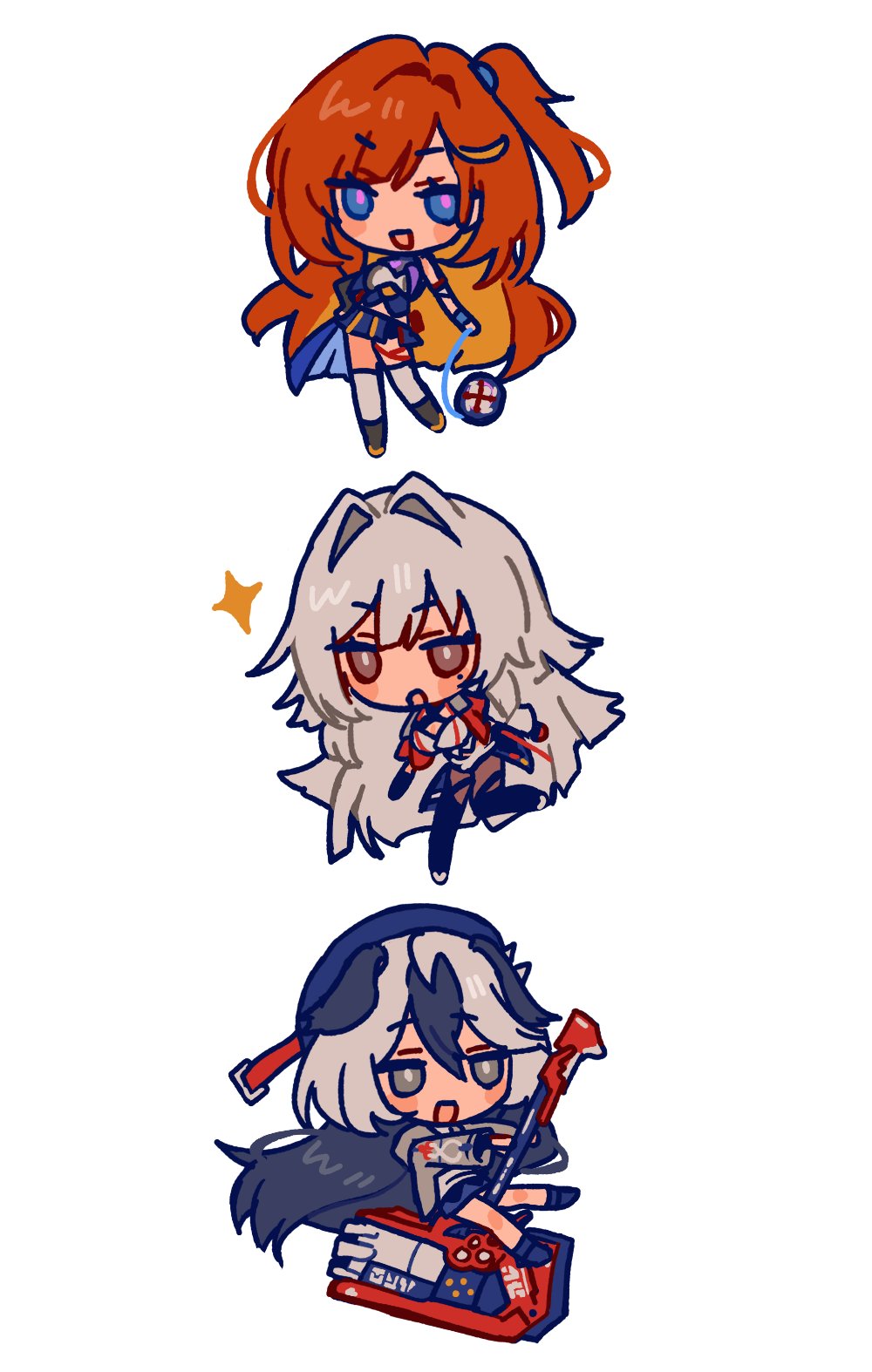 3girls, :d, animal_ears, beret, black_gloves, black_hair, black_skirt, blue_eyes