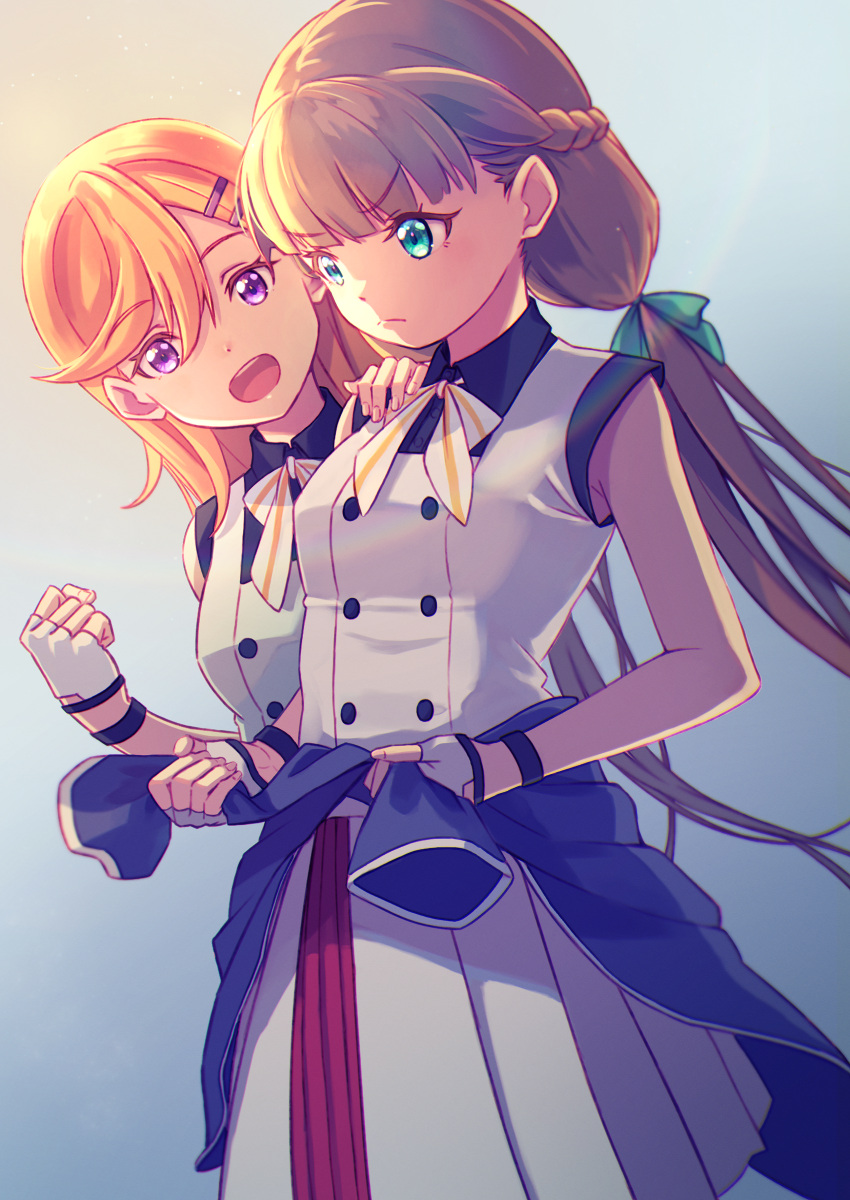 2girls, absurdres, aqua_eyes, blue_jacket, blunt_bangs, brown_hair, clenched_hand, closed_mouth