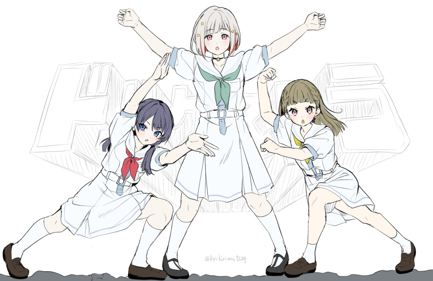 3girls, :o, aqua_neckerchief, arms_up, black_choker, black_footwear, blue_eyes, blue_hair