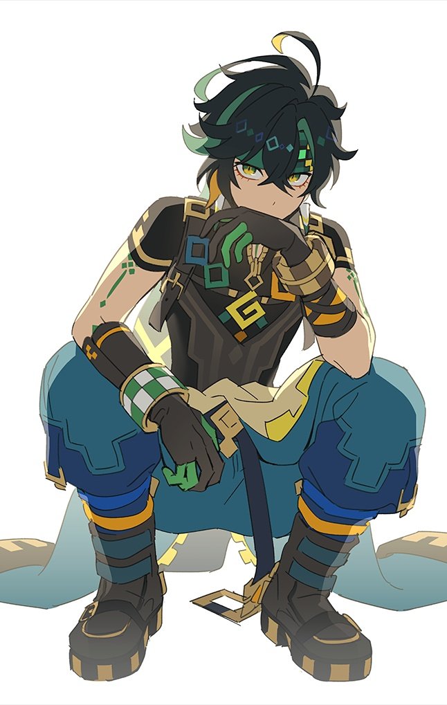 1boy, angduuuu_(ghost), black_footwear, black_gloves, black_hair, blue_pants, boots, clothes_around_waist