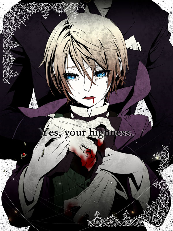 alois_trancy, blonde_hair, blood, blue_eyes, claude_faustus, english, formal, gloves