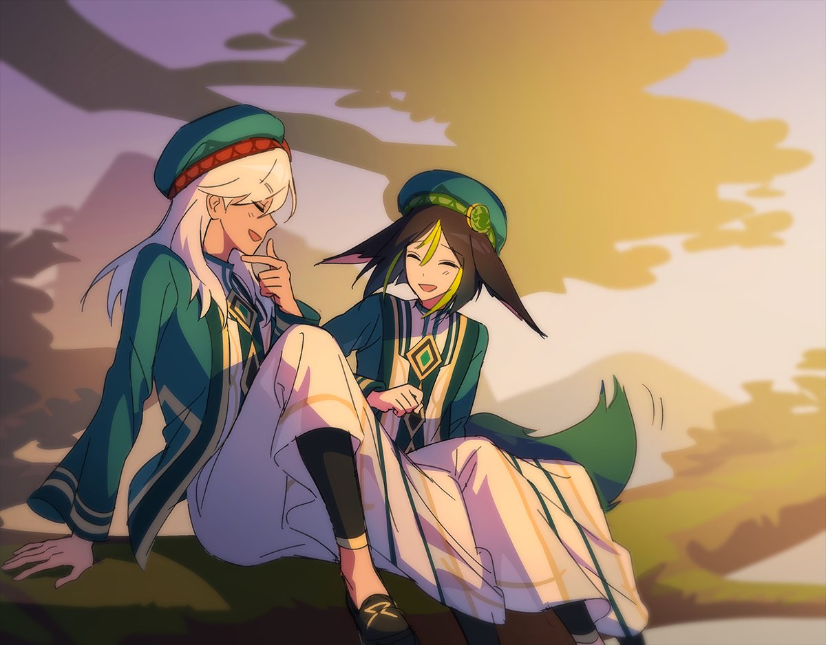 2boys, akademiya_uniform, angduuuu_(ghost), animal_ears, black_hair, blush, closed_eyes, cyno_(genshin_impact)