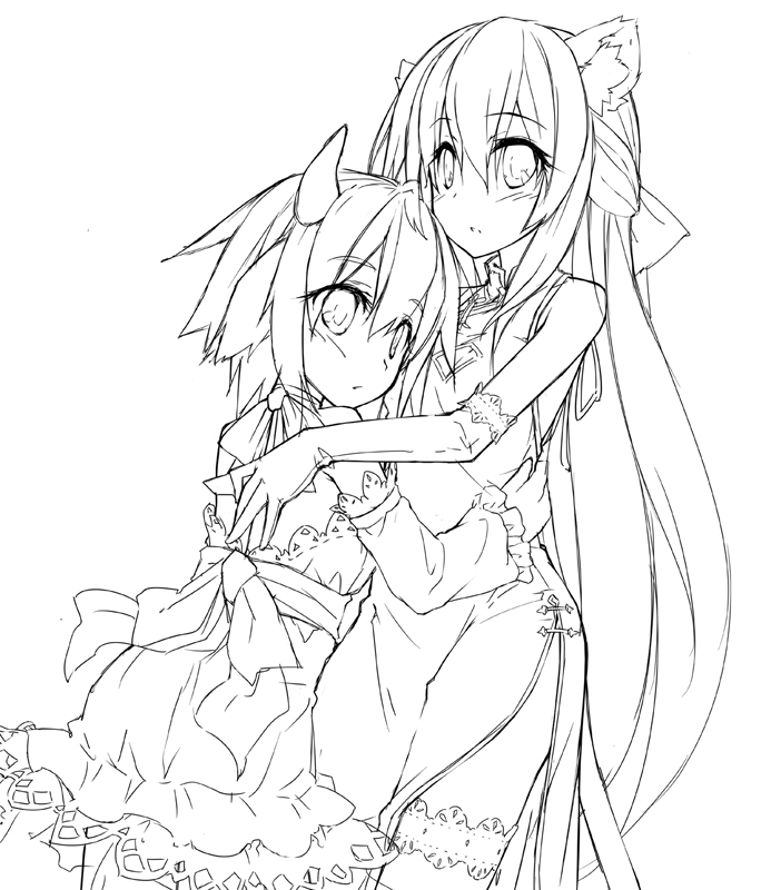 animal_ears, dress, elbow_gloves, fox_ears, gloves, horns, long_hair, monochrome