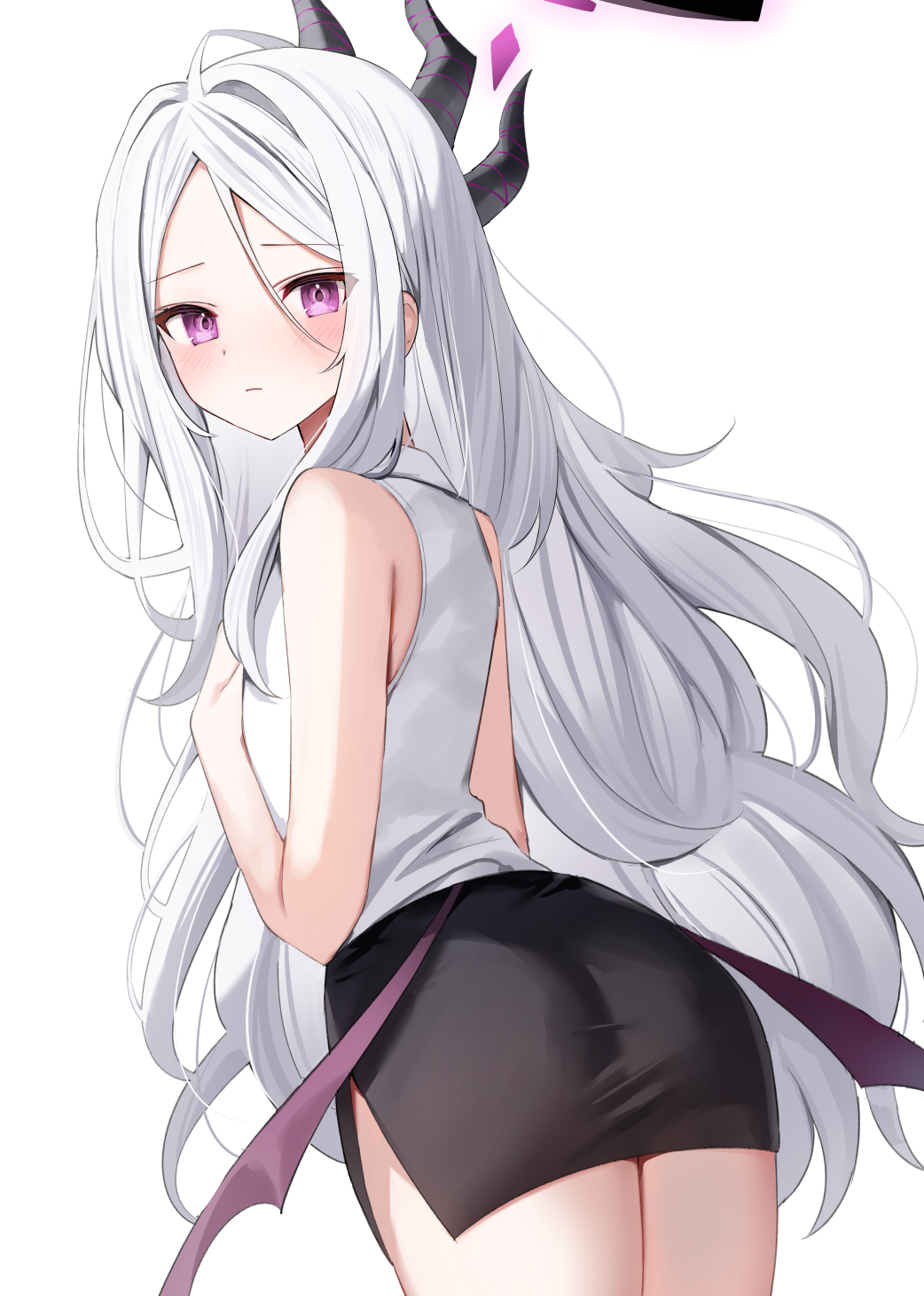 1girl, ass, back, black_skirt, blue_archive, collared_shirt, commentary_request, demon_girl