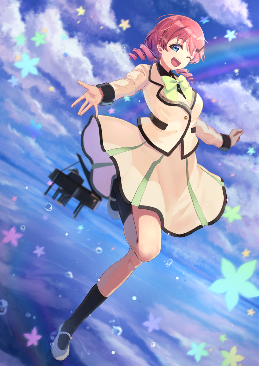 2girls, black_socks, blue_eyes, bow, bowtie, brown_hair, commentary, drill_hair