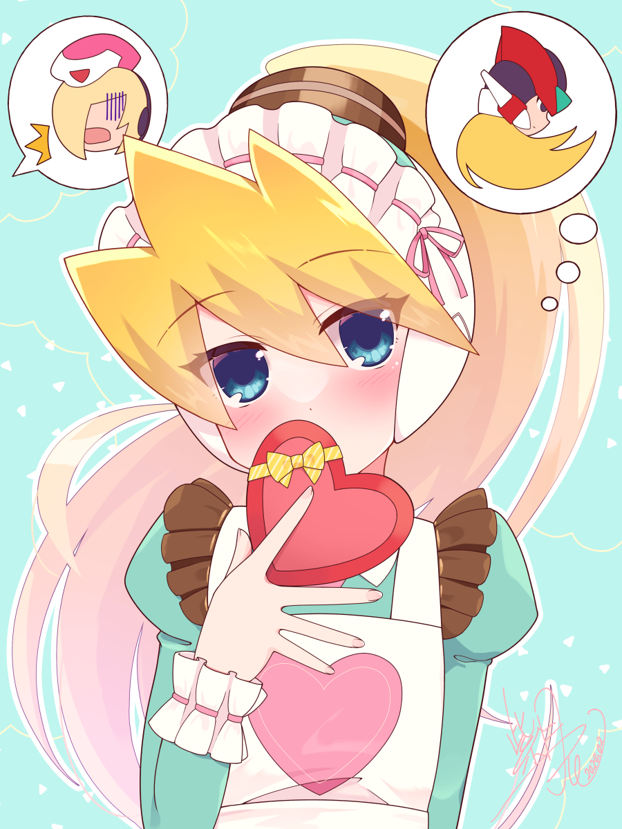1girl, 2boys, apron, blonde_hair, blue_background, blue_dress, blue_eyes, blush