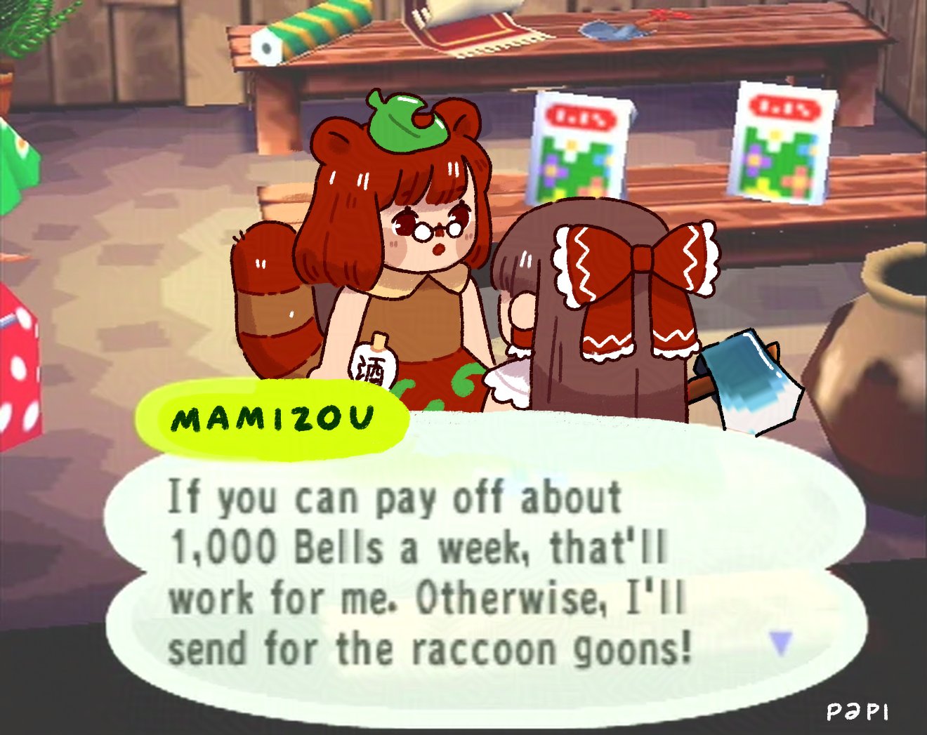 2girls, animal_crossing, bow, brown_eyes, brown_hair, commentary, english_text, futatsuiwa_mamizou