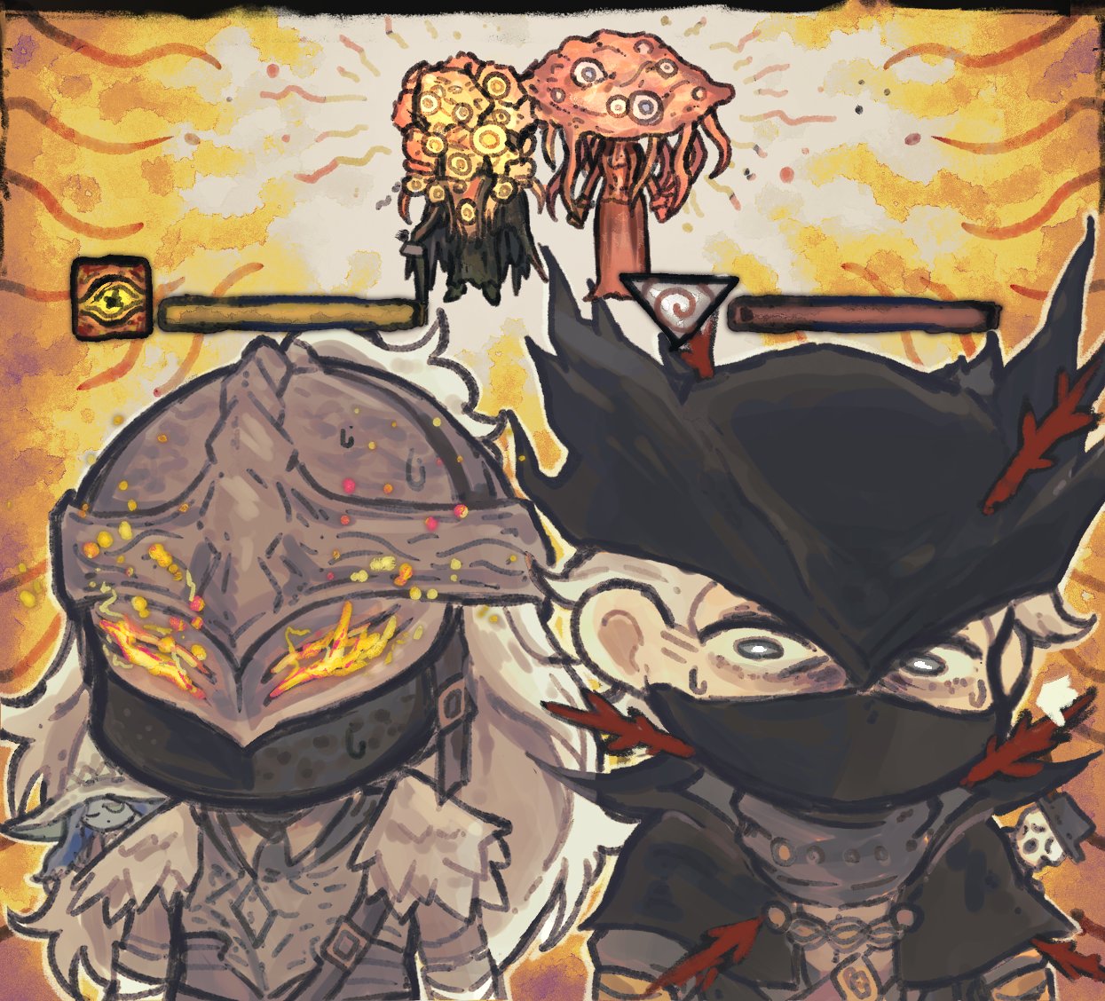 4others, aging_untouchable, ambiguous_gender, armor, black_capelet, black_eyes, black_jacket, black_robe