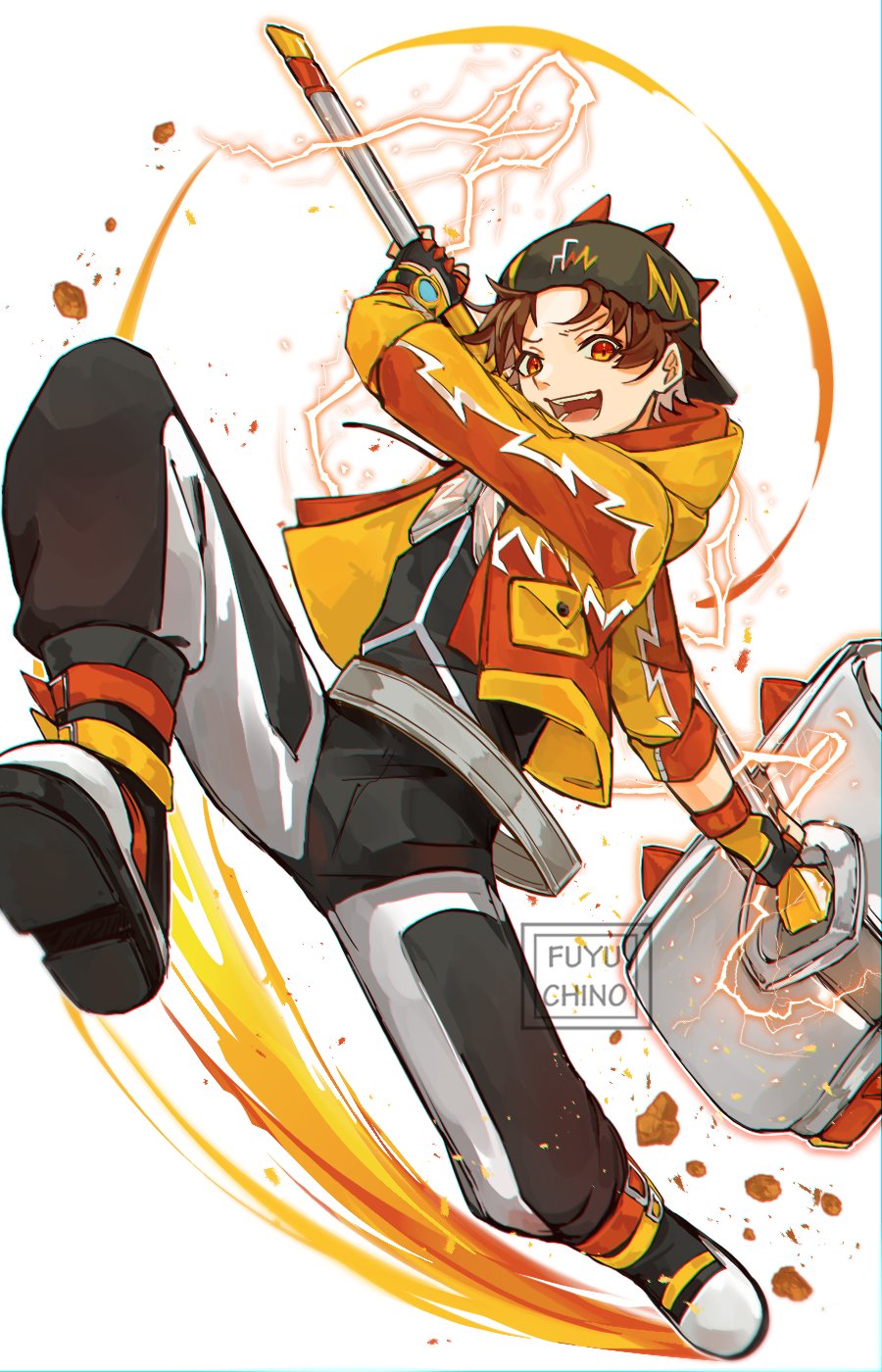 1boy, artist_name, black_footwear, boboiboy, boboiboy_(character), boboiboy_galaxy, boboiboy_rumble, brown_eyes