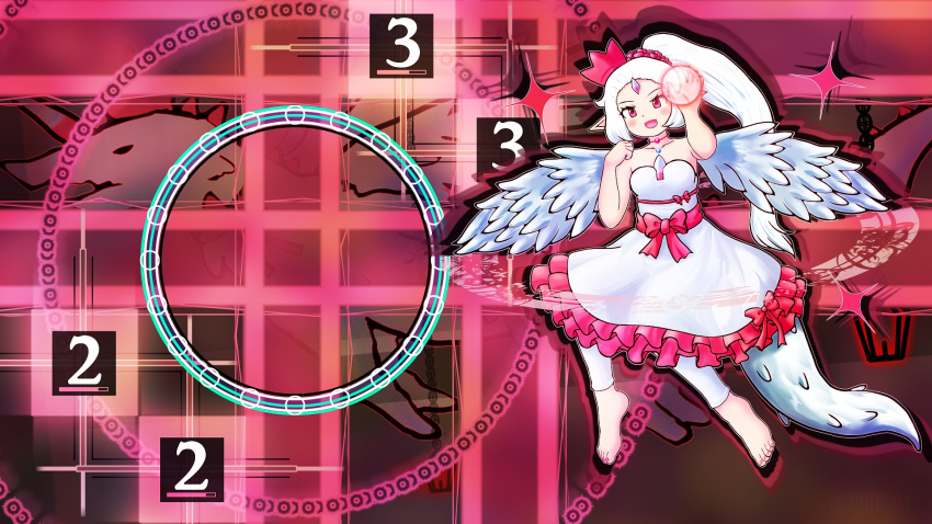 1girl, barefoot, blush, bow, breasts, commentary_request, danmaku, dress
