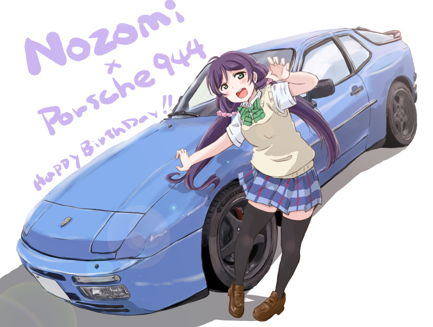 1girl, black_thighhighs, blue_skirt, bow, bowtie, brown_footwear, car, character_name