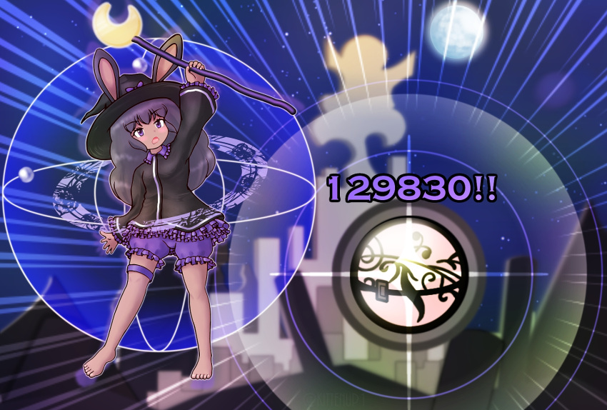 1girl, animal_ears, arm_up, barefoot, black_hair, black_hat, black_shirt, bloomers