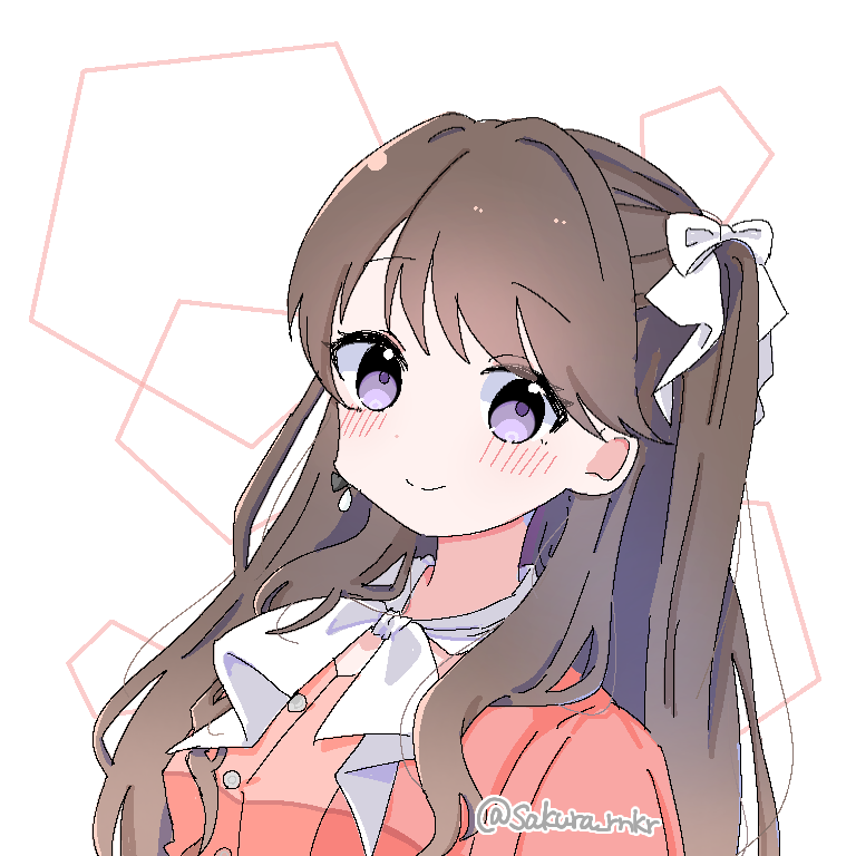 1girl, bloom_the_smile_bloom_the_dream!, blush, bow, brown_hair, closed_mouth, commentary, dress, earrings, fujishima_megumi, hair_bow, jewelry, link!_like!_love_live!, long_hair, looking_at_viewer, love_live!, neckerchief, oekaki, official_alternate_costume, pentagon_(shape), pink_dress, sakura_rnkr, single_earring, smile, solo, split_mouth, transparent_background, twitter_username, two_side_up, upper_body, violet_eyes, virtual_youtuber, white_bow, white_neckerchief