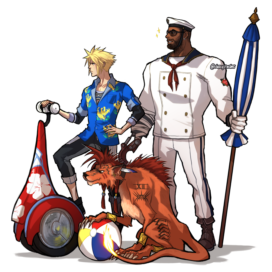 3boys, ball, barret_wallace, barret_wallace_(junon_naval_crew), beach_umbrella, beachball, blonde_hair, bracelet, classystaches, cloud_strife, cloud_strife_(ocean_chocobo), collarbone, dark-skinned_male, dark_skin, english_commentary, facial_hair, final_fantasy, final_fantasy_vii, final_fantasy_vii_rebirth, final_fantasy_vii_remake, flame-tipped_tail, full_body, gloves, hand_on_own_hip, hat, holding, holding_umbrella, jewelry, male_focus, multiple_boys, neckerchief, official_alternate_costume, orange_fur, pants, print_shirt, red_neckerchief, red_xiii, redhead, sailor_collar, sailor_hat, sailor_shirt, segway, shirt, shirt_under_shirt, short_hair, sleeves_rolled_up, sparkle, spiky_hair, standing, sunglasses, umbrella, white_background, white_gloves, white_hat, white_pants, white_shirt