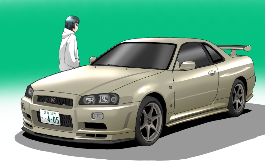 1girl, car, closed_mouth, commentary_request, gradient_hair, green_hair, hand_in_pocket, highres, hood, hood_down, hoodie, long_sleeves, looking_at_viewer, love_live!, love_live!_nijigasaki_high_school_idol_club, mifune_shioriko, motor_vehicle, multicolored_hair, nissan, nissan_skyline, nissan_skyline_gt-r, nissan_skyline_r34, shadow, solo, spoiler_(automobile), standing, upper_body, vehicle_focus, white_hoodie, yohakichi