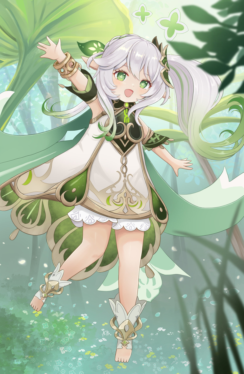 1girl, :d, a_ekoa, absurdres, bloomers, bracelet, cape, commentary, day, detached_sleeves, dress, flower, freediving, full_body, genshin_impact, gold_trim, gradient_hair, green_cape, green_eyes, green_hair, green_sleeves, hair_between_eyes, hair_ornament, highres, jewelry, leaf_hair_ornament, light_blush, long_hair, multicolored_hair, nahida_(genshin_impact), outdoors, outstretched_arms, side_ponytail, sleeveless, sleeveless_dress, smile, solo, star-shaped_pupils, star_(symbol), stirrup_legwear, symbol-shaped_pupils, toeless_legwear, toes, white_bloomers, white_dress, white_flower, white_hair, yellow_flower