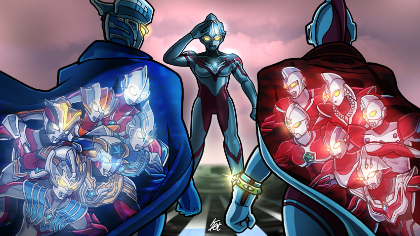 3boys, absurdres, alien, cape, color_timer, glowing, glowing_eyes, highres