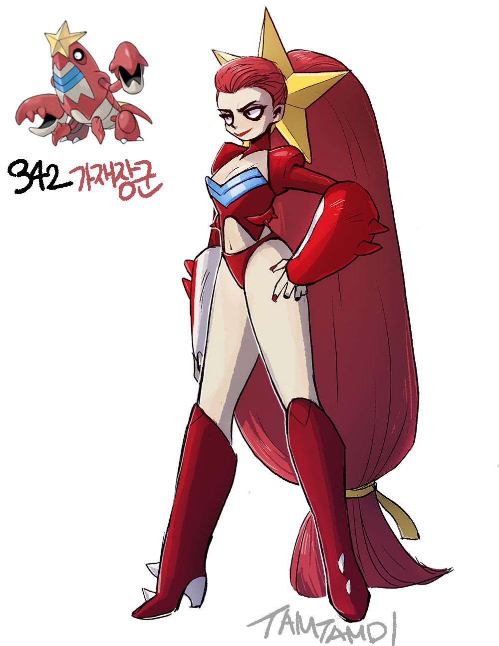 1girl, arm_guards, bare_legs, bodice, boots, character_name, corset, crawdaunt