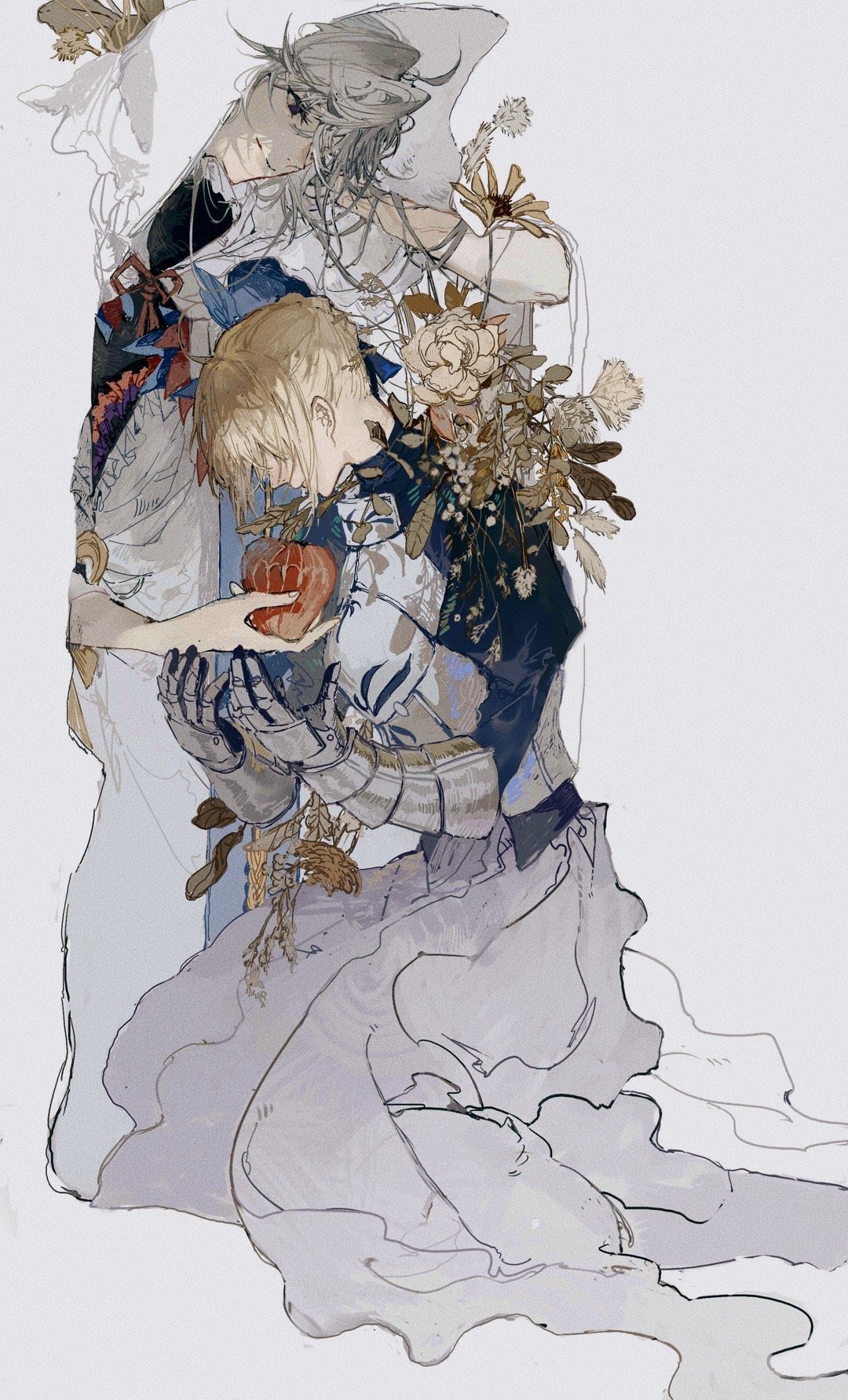 1boy, 1girl, apple, armor, artoria_pendragon_(fate), black_eyes, black_shirt, blending