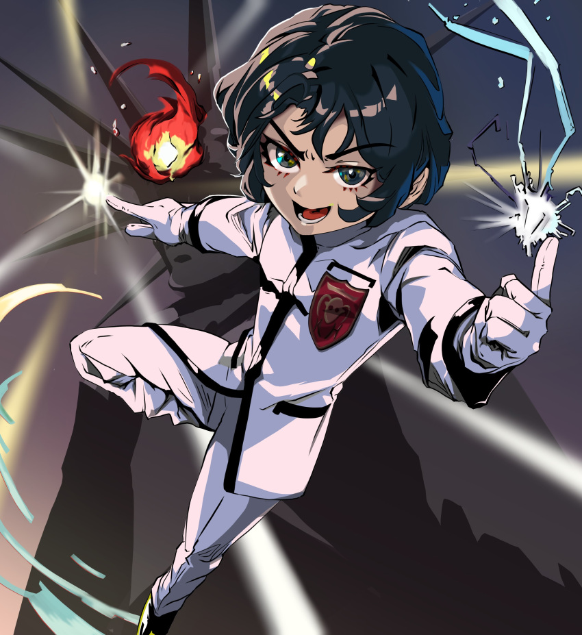 1boy, absurdres, black_hair, crest, electricity, eyelashes, fire, fireball