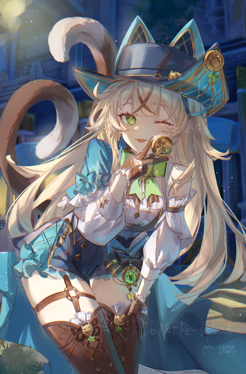 1girl, :d, absurdres, arm_up, black_hat, brown_gloves, brown_hair, cat_tail