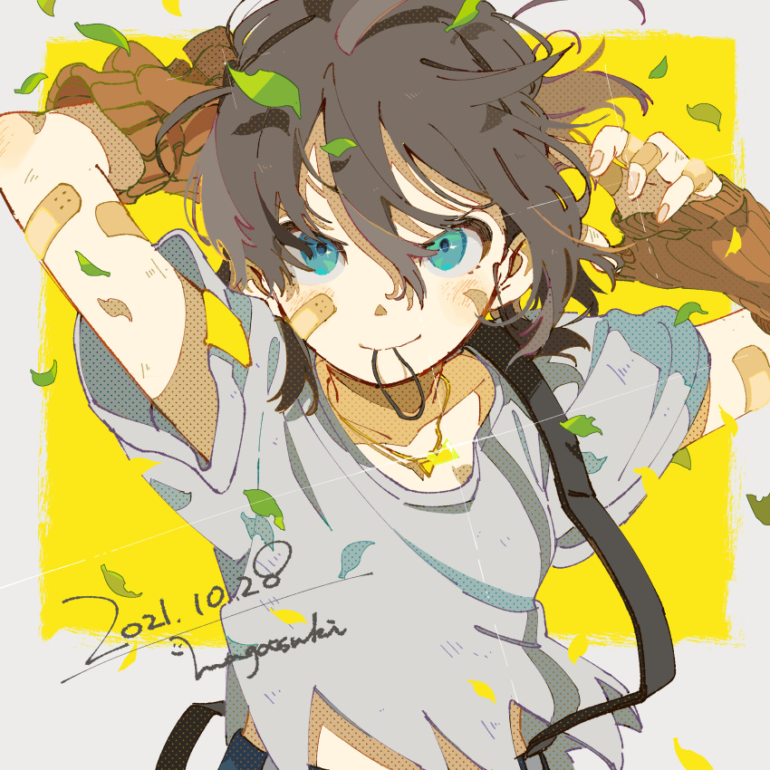 1girl, absurdres, arm_warmers, bandaid, bandaid_on_arm, bandaid_on_face, bandaid_on_hand, blue_eyes