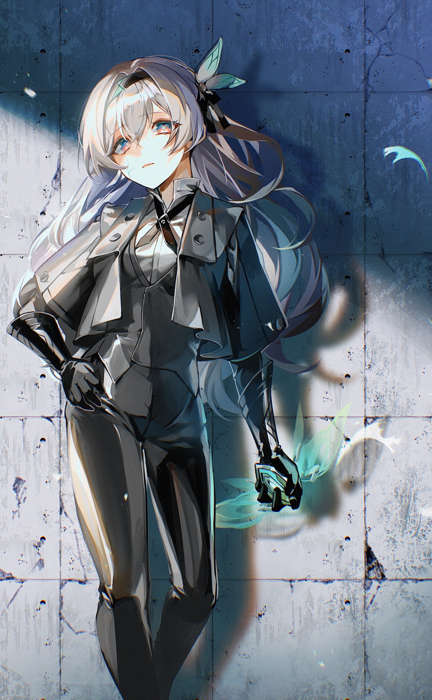 1girl, absurdres, black_gloves, black_hairband, black_jacket, black_neckerchief, black_pants, breasts