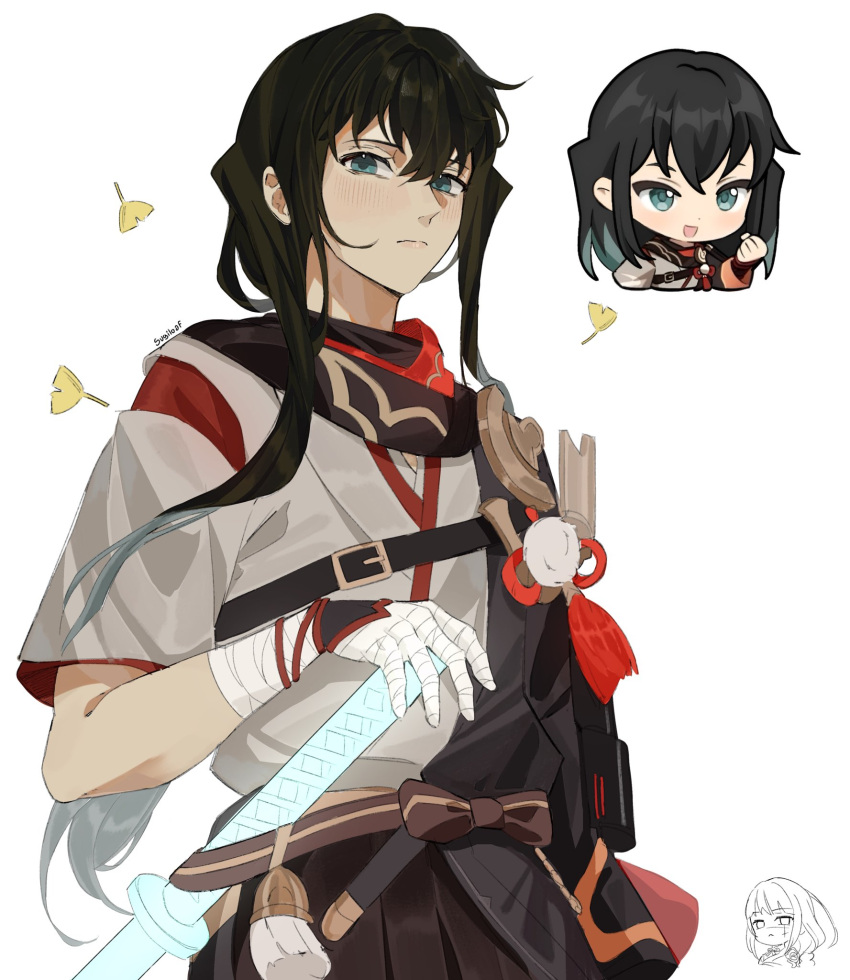 1boy, angiesfavorite, aqua_eyes, aqua_hair, bandaged_hand, bandages, black_hair, blush