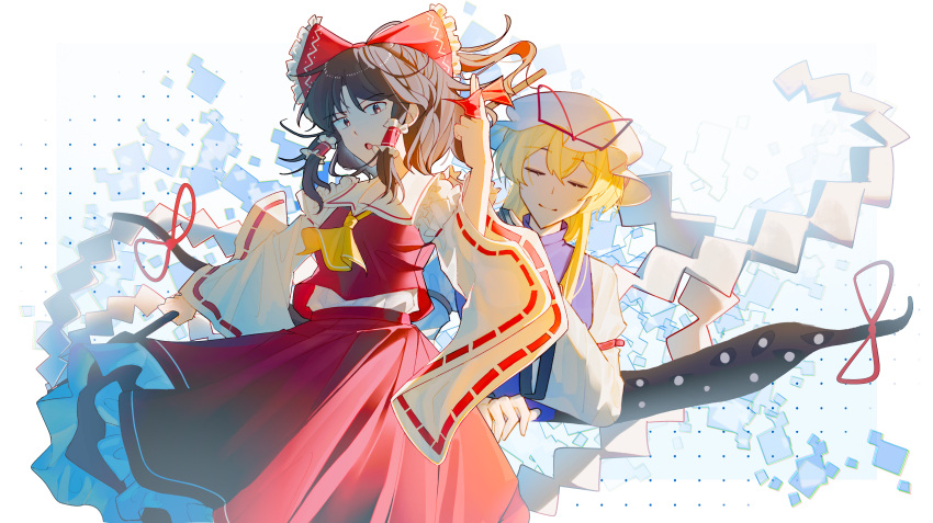2girls, absurdres, ascot, asher_(114514), blonde_hair, bow, brown_eyes, brown_hair, closed_eyes, closed_mouth, commentary, detached_sleeves, english_commentary, frilled_bow, frilled_hair_tubes, frills, gap_(touhou), gohei, hair_bow, hair_tubes, hakurei_reimu, hat, hat_ribbon, highres, holding, holding_gohei, long_hair, long_sleeves, mob_cap, multiple_girls, open_mouth, purple_tabard, red_bow, red_skirt, ribbon, ribbon-trimmed_sleeves, ribbon_trim, skirt, skirt_set, smile, tabard, touhou, wide_sleeves, yakumo_yukari, yellow_ascot