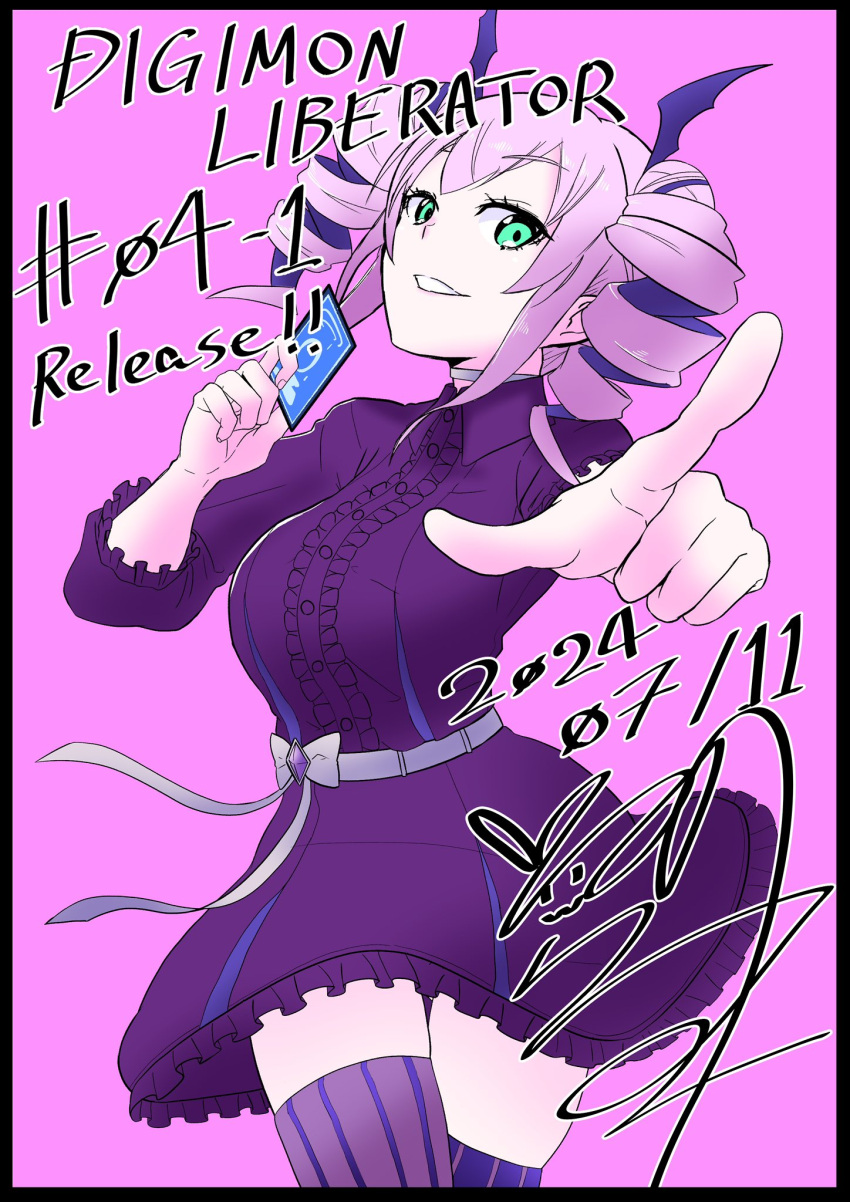 1girl, black_dress, breasts, card, commentary_request, cowboy_shot, dated, digimon
