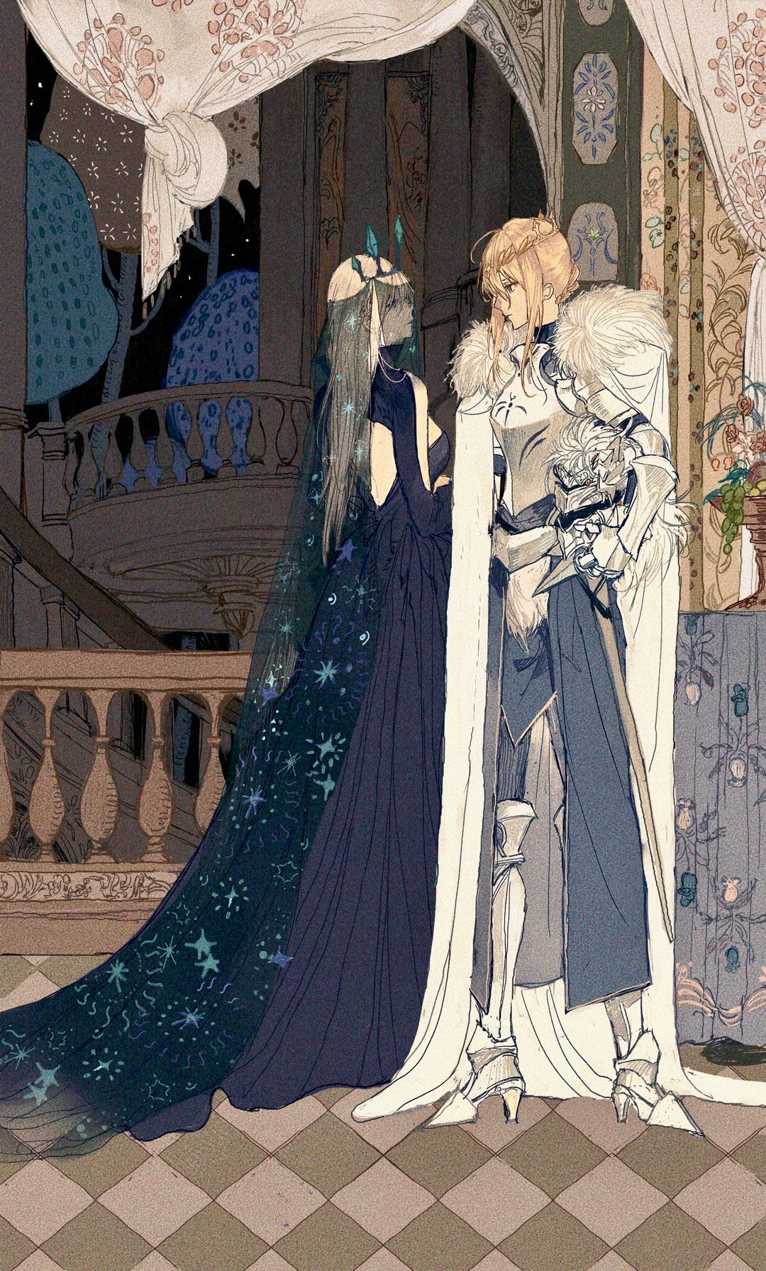 2boys, ahoge, arm_cutout, armor, armored_boots, artoria_pendragon_(fate), back_cutout, black_pantyhose