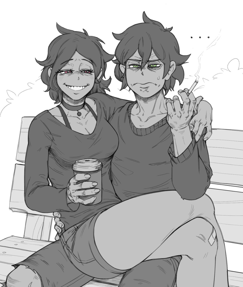 ..., 1boy, 1girl, andrew_graves, arm_around_shoulder, ashley_graves, bandaid, bandaid_on_knee, bandaid_on_leg, bench, breasts, bright_pupils, brother_and_sister, choker, cigarette, commentary, cup, disposable_coffee_cup, disposable_cup, eddrawsstuff, english_commentary, frown, green_eyes, grin, half-closed_eyes, hand_up, highres, holding, holding_cigarette, holding_cup, large_breasts, long_sleeves, looking_at_viewer, monochrome, outdoors, pink_eyes, shorts, siblings, sitting, sitting_on_lap, sitting_on_person, smile, smoke, smoking, spoken_ellipsis, spot_color, sweater, the_coffin_of_andy_and_leyley, white_pupils
