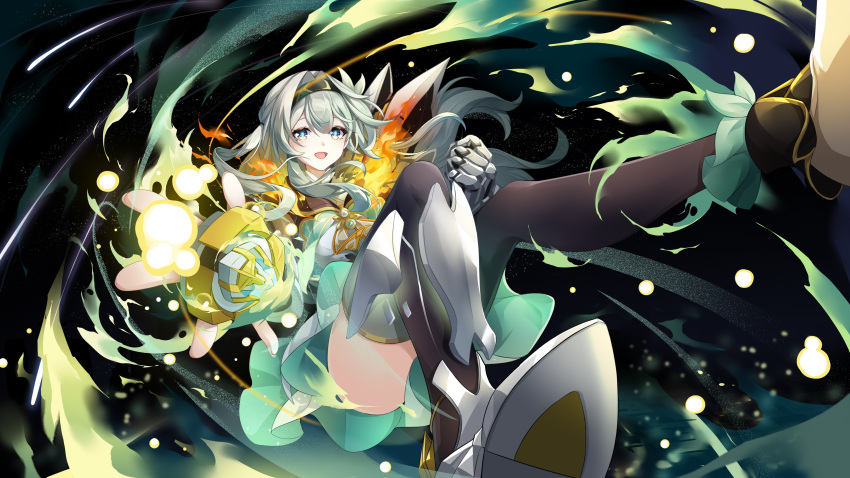 1girl, :d, absurdres, armor, black_thighhighs, breasts, cropped_jacket, fire