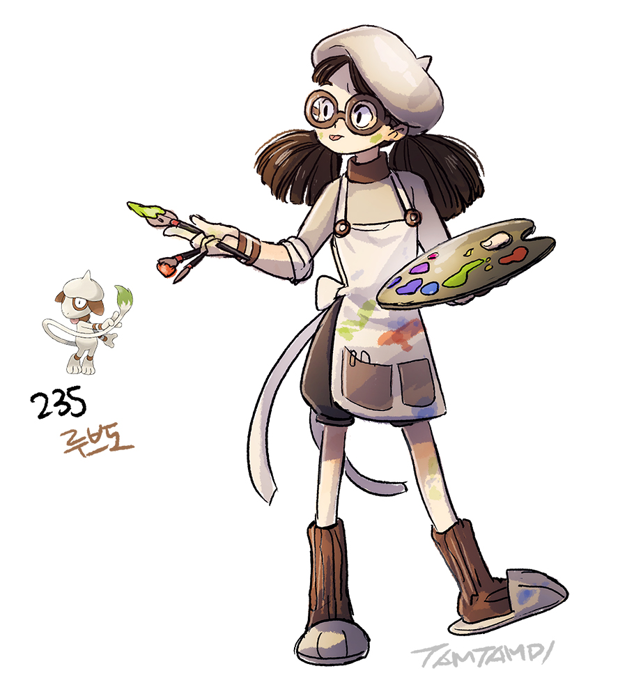 1girl, apron, beret, brown-framed_eyewear, brown_shorts, brown_socks, commentary, full_body