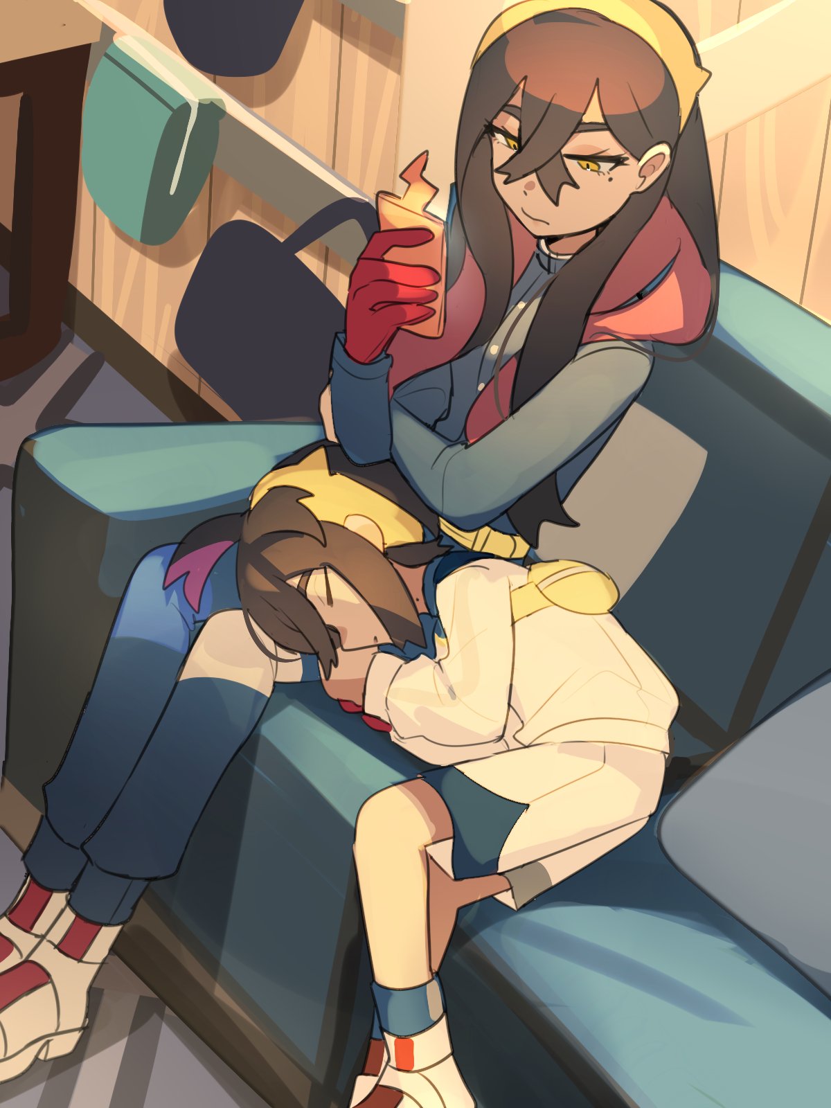 1boy, 1girl, blue_socks, brother_and_sister, carmine_(pokemon), closed_mouth, commentary_request, couch, crossed_bangs, gloves, hairband, highres, holding, holding_phone, indoors, jacket, kieran_(pokemon), lap_pillow, long_hair, long_sleeves, lying, mole, mole_on_neck, mole_under_eye, on_side, pants, phone, pokemon, pokemon_(creature), pokemon_sv, purple_hair, red_gloves, rotom, rotom_phone, shoes, shorts, siblings, sitting, sleeping, socks, suikaels, white_footwear, yellow_eyes, yellow_hairband