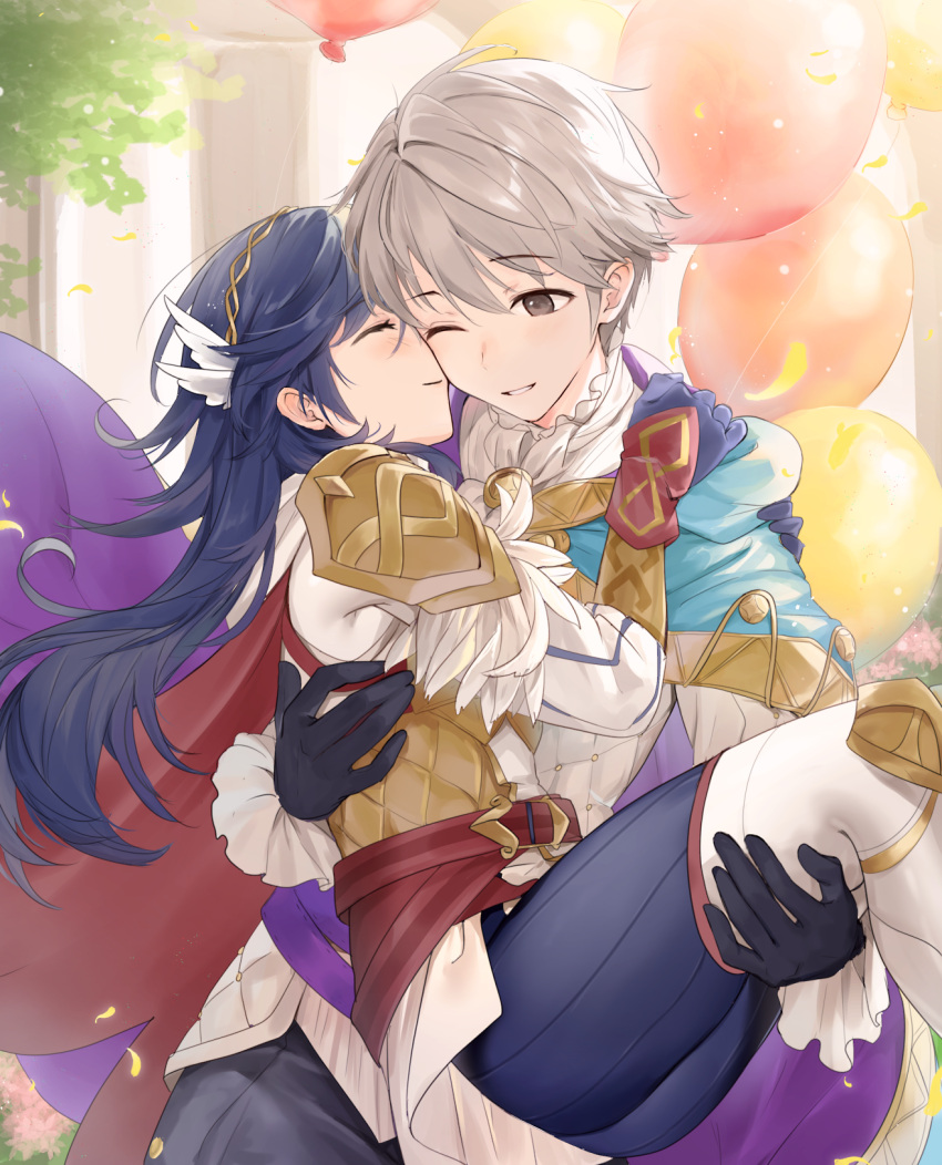 1boy, 1girl, armor, balloon, belt, black_gloves, blue_gloves, blue_hair