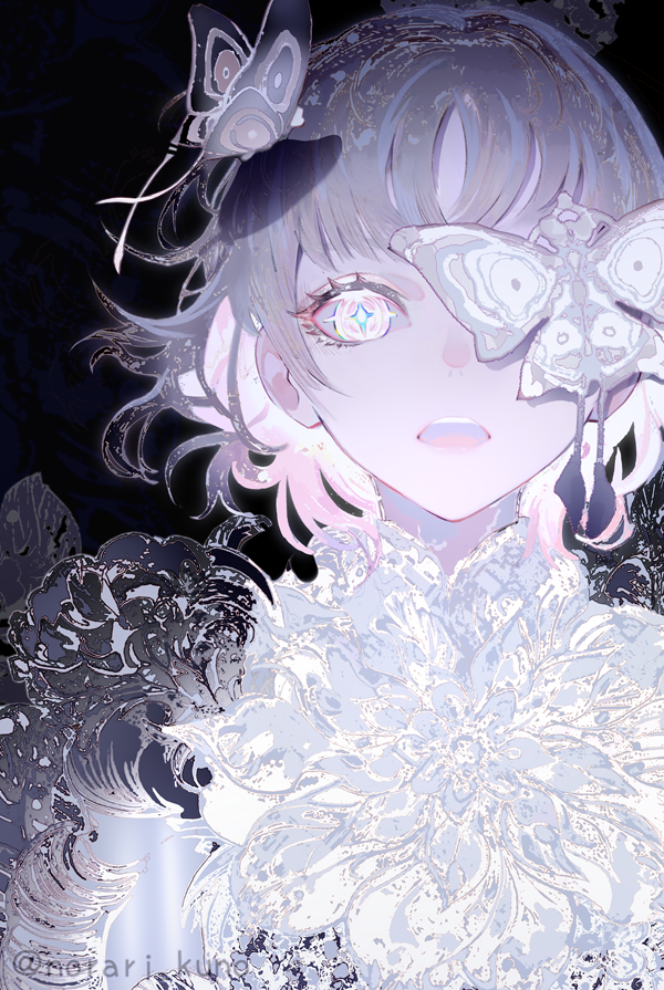 +_+, 1girl, bug, butterfly, commentary_request, grey_hair, looking_at_viewer, moth, moth_on_face, norari_kuno, one_eye_covered, open_mouth, original, portrait, short_hair, solo, straight-on, twitter_username, watermark, white_eyes