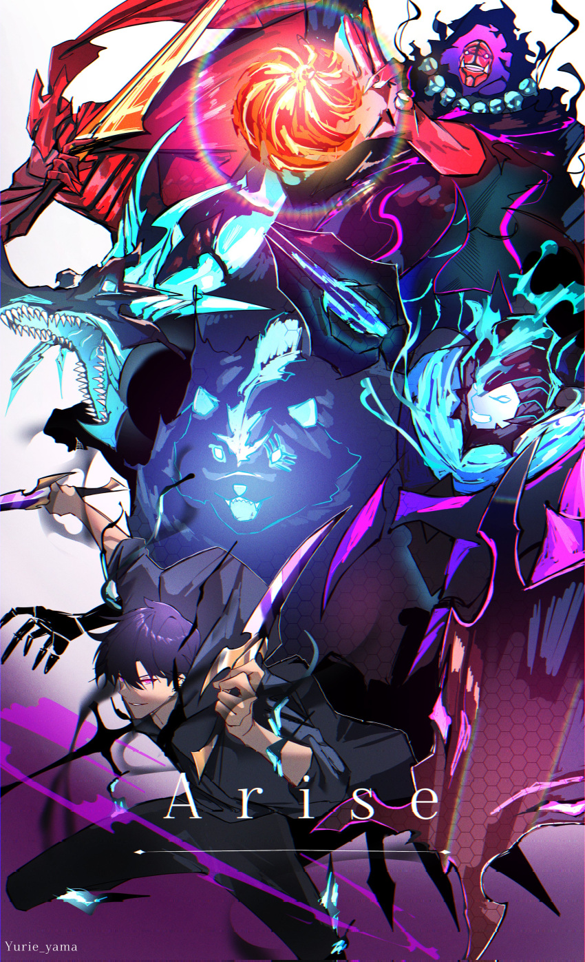 1boy, absurdres, armor, aura, beru_(solo_leveling), black_hair, dagger, dark_aura