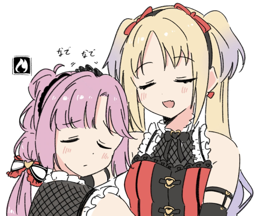 2girls, ahoge, anyoji_hime, arm_garter, black_bow, black_bowtie, black_hairband, blonde_hair