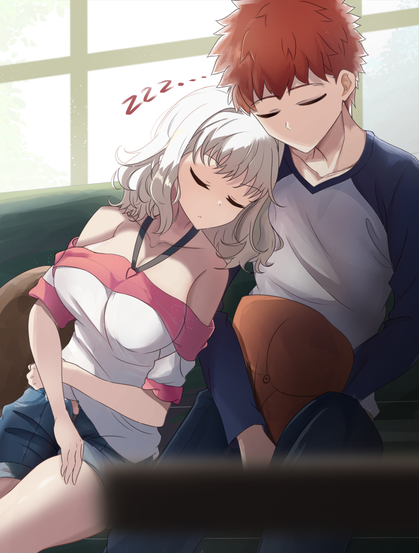 1boy, absurdres, albino, black_keys_(type-moon), bust_cup, closed_eyes, couch, cushion