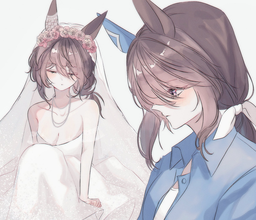 1girl, admire_vega_(umamusume), blue_eyes, blue_skirt, blush, bridal_veil, brown_hair, closed_mouth