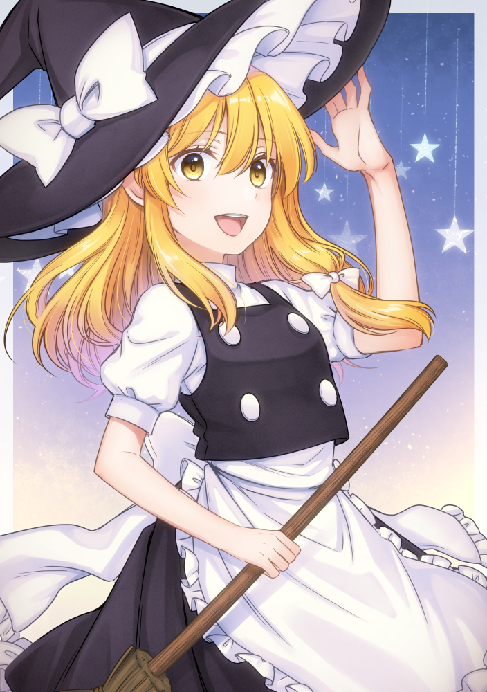 1girl, apron, black_footwear, black_hat, black_skirt, black_vest, blonde_hair, boots